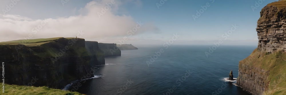 view of the Cliffs of Moher, a series of dramatic sea cliffs in County Clare, Ireland. The cliffs rise majestically from the Atlantic Ocean, offering stunning views of the coastline. view of the Cliffs of Moher, a series of dramatic sea cliffs in County Clare, Ireland. The cliffs rise majestically from the Atlantic Ocean, offering stunning views of the coastline.