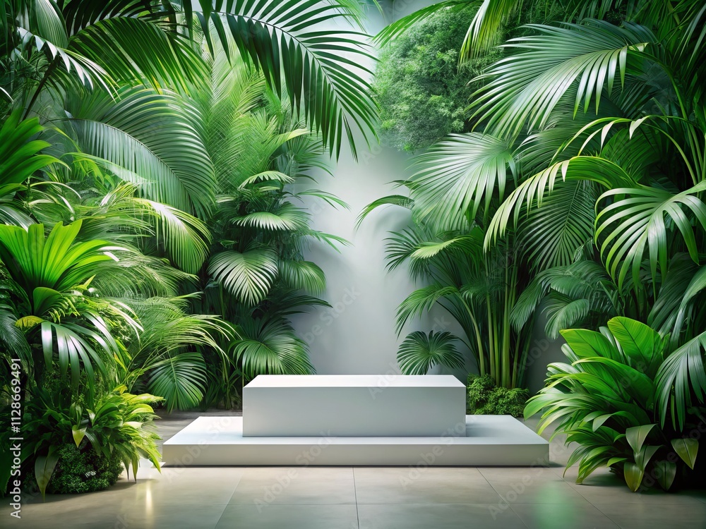 Tropical Product Display: Jungle Theme Podium Mockup, Empty Stage, Showroom, Plant Leaves, Copy Space Tropical Product Display: Jungle Theme Podium Mockup, Empty Stage, Showroom, Plant Leaves, Copy Space
