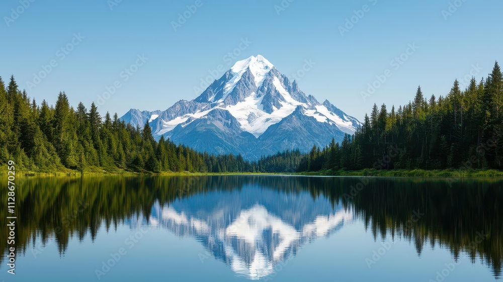 Breathtaking mountain landscape reflecting in tranquil lake under clear blue sky. Breathtaking mountain landscape reflecting in tranquil lake under clear blue sky.