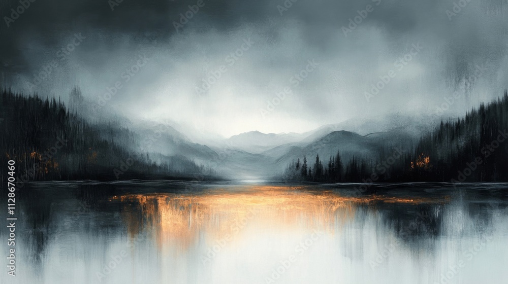 Serene Mountain Lake Golden Reflection Misty Dawn Serene Mountain Lake Golden Reflection Misty Dawn