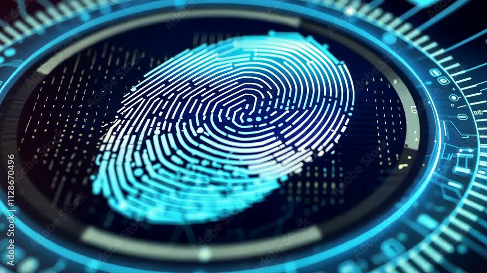 A digital fingerprint in glowing blue hues surrounded by intricate circuit patterns, symbolizing identity and technological security A digital fingerprint in glowing blue hues surrounded by intricate circuit patterns, symbolizing identity and technological security