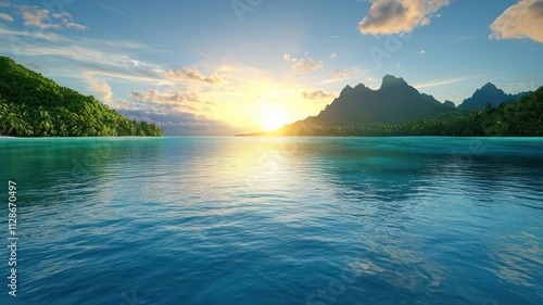 Wallpaper Mural Serene ocean view at sunset with mountains in the background and clear blue water. Torontodigital.ca