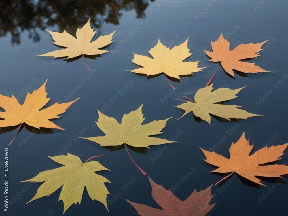 Fototapeta premium leaves floating on calm water in a reflective surface