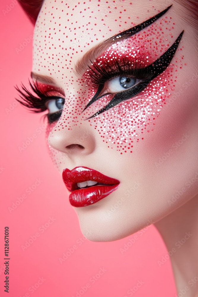 Close-up of Woman with Red Glitter and Black Winged Eyeliner Makeup Close-up of Woman with Red Glitter and Black Winged Eyeliner Makeup