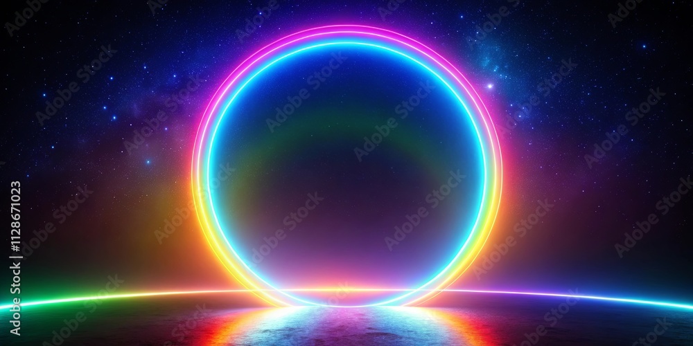 A luminous rainbow halo against a backdrop of cosmic stardust, casting a vibrant glow on a reflective surface. A luminous rainbow halo against a backdrop of cosmic stardust, casting a vibrant glow on a reflective surface.