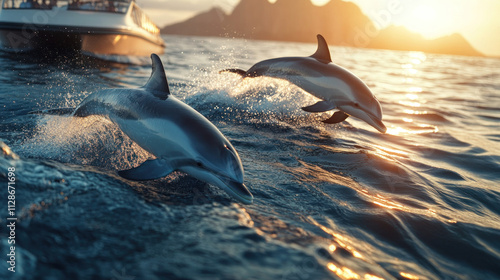 A Playful Group of Dolphins Escorting a Boat