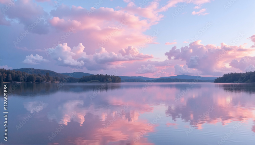 Obraz premium Serene lake landscape with mirrored clouds and pastel sky background during sunset