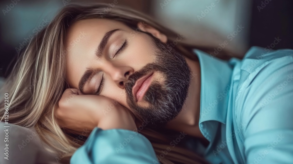 A bearded man with long hair peacefully resting, wearing a blue shirt. The image captures a calm and serene moment, emphasizing tranquility and relaxation. A bearded man with long hair peacefully resting, wearing a blue shirt. The image captures a calm and serene moment, emphasizing tranquility and relaxation.