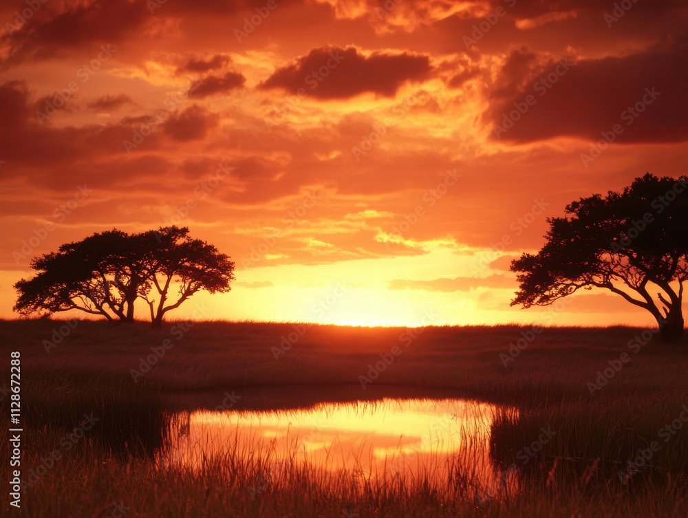 stunning sunset over tranquil pond, surrounded by trees and grass stunning sunset over tranquil pond, surrounded by trees and grass