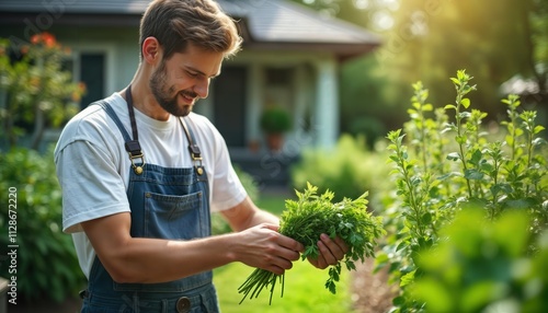 A young man arranging freshly picked herbs in his home garden.