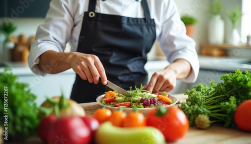 A chef preparing a nutritious meal with colorful ingredients in a bright kitchen.