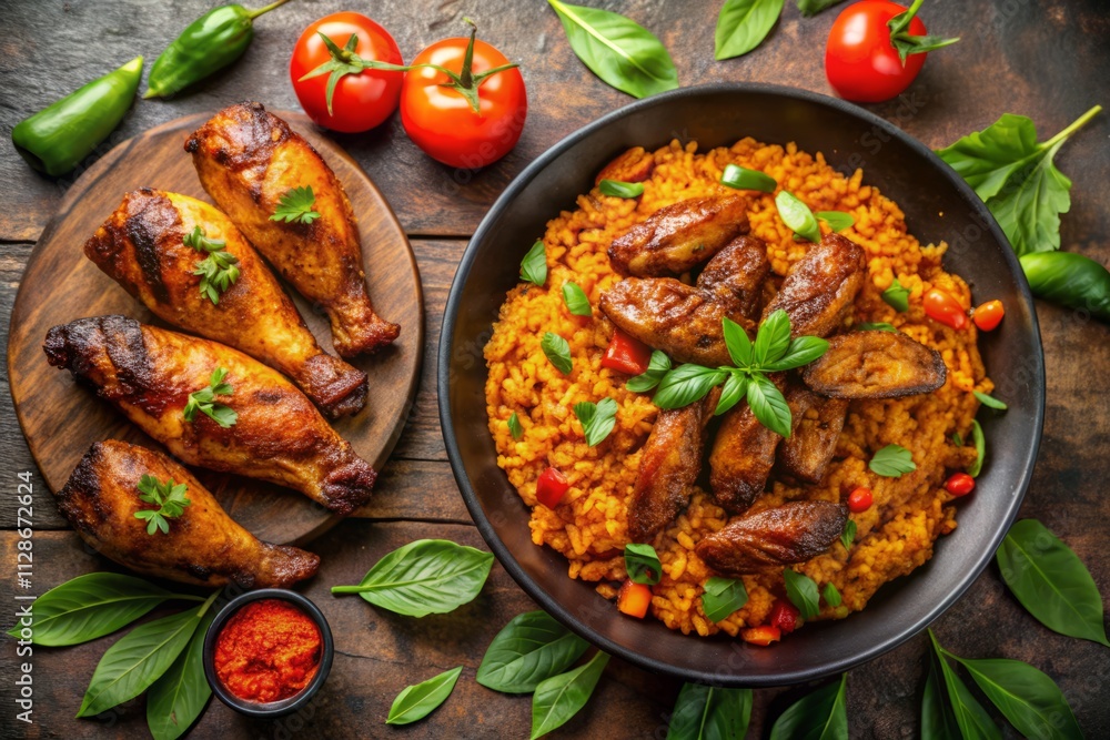 Fototapeta premium West African Jollof Rice Feast: Grilled Chicken Wings, Fried Plantains, Stone Table Top View