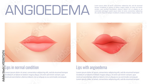 Swollen lips from angioedema or edema swelling, vector medical infographic. Normal and swollen lips with angioedema from allergy or immunology disease with Quincke or angioneurotic edema swelling