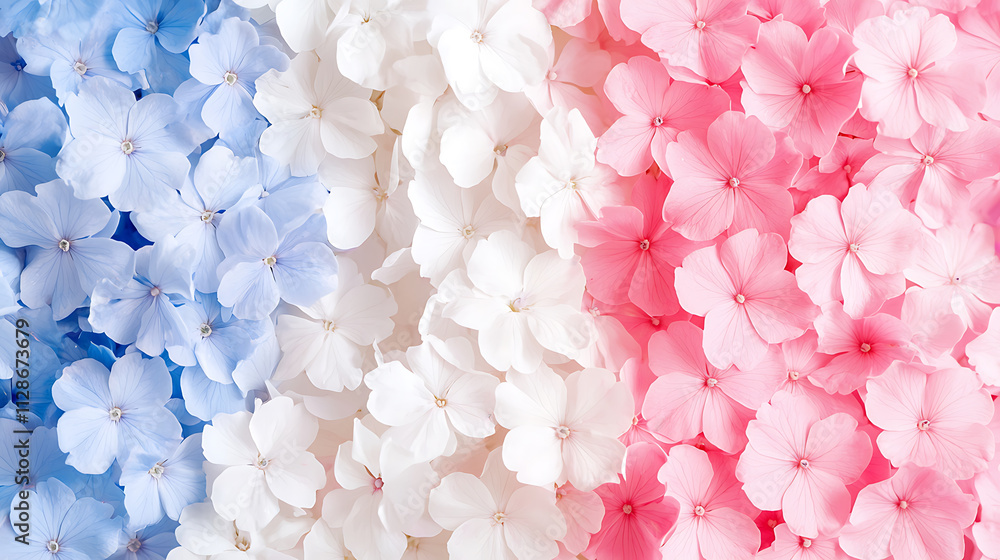 Fototapeta premium vibrant arrangement of blue, white, and pink flowers creates dreamy floral backdrop, evoking sense of tranquility and beauty