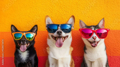 Colorful, vibrant portrait of funny twp dogs and one cat in bright sunglasses smiling, sticking out their tongue, standing against a bright wall. providing a candid snapshot of joy. pet concept photo