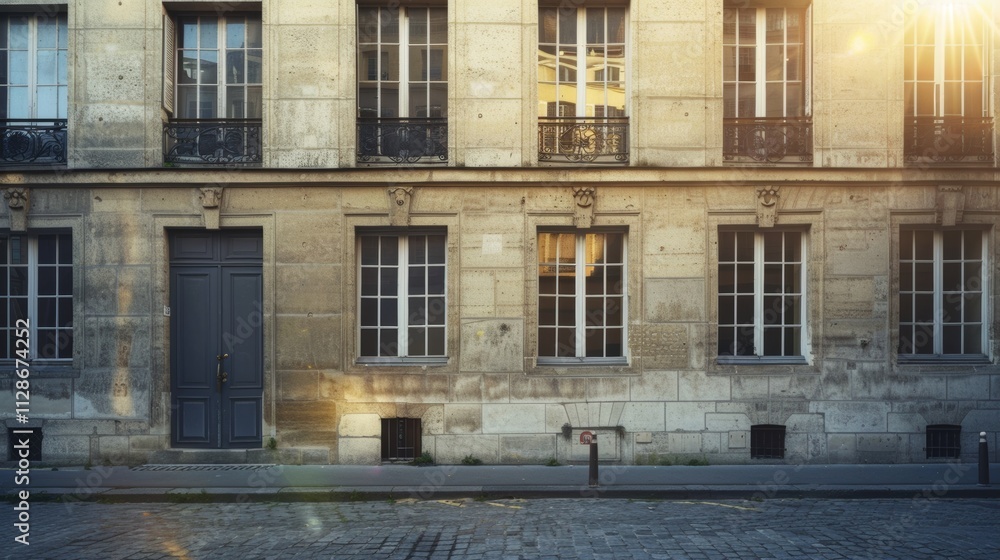 Modern Parisian architecture, minimalist design, complete wall with windows and doors, warm sunlight, serene atmosphere, no people present. Modern Parisian architecture, minimalist design, complete wall with windows and doors, warm sunlight, serene atmosphere, no people present.