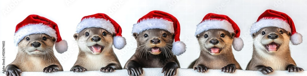 Christmas Otters in Santa Hats White Background Set Collection Panorama View Fawn Black Apricot Silver Co Christmas Otters in Santa Hats White Background Set Collection Panorama View Fawn Black Apricot Silver Co