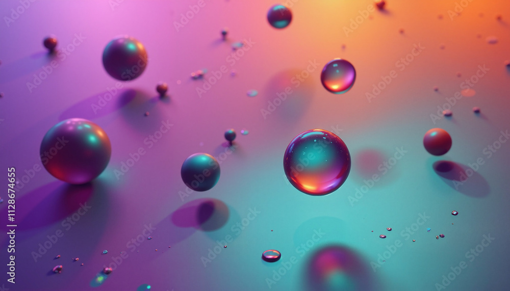 Colorful floating bubbles with reflections on a smooth surface creating a mesmerizing background Colorful floating bubbles with reflections on a smooth surface creating a mesmerizing background