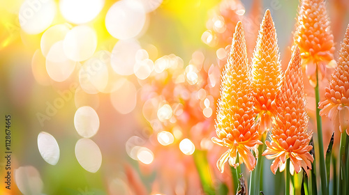 Vibrant close up of torch lily flowers in soft sunlight, showcasing their beauty photo