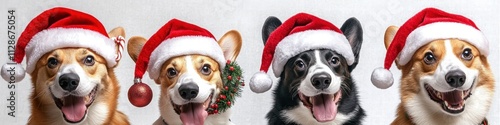 Four Corgis in Santa Claus Hats at Christmas Set Collection on White Background Panorama View of Festive Dogs Holding Crackers photo