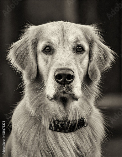 Detailliertes Porträt eines Golden Retrievers mit einem Halsband, der in die Kamera blickt, sepia getönt