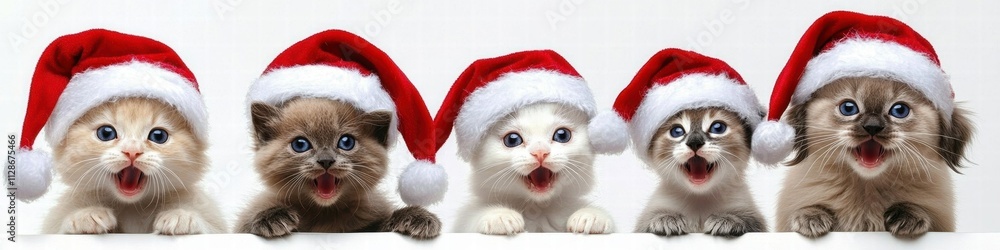 Puppies and Ragdoll Cats Celebrate Christmas in Santa Hats Panorama of Blue and Lilac Set Collection on White Background Puppies and Ragdoll Cats Celebrate Christmas in Santa Hats Panorama of Blue and Lilac Set Collection on White Background