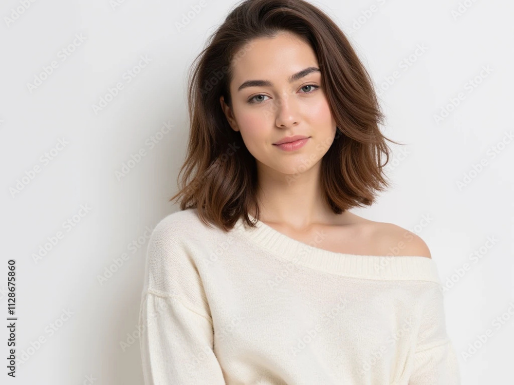 Confident young woman in a stylish cream sweater. Confident young woman in a stylish cream sweater.