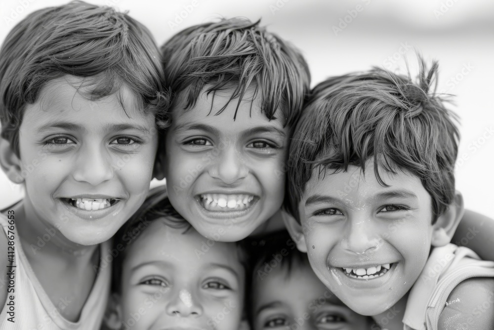 Group of happy children smiling and looking at camera in black and white Group of happy children smiling and looking at camera in black and white