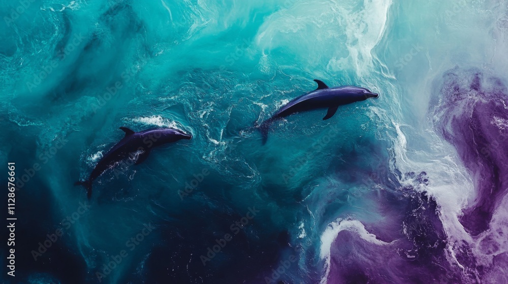 Naklejka premium Two Dolphins Swimming in Teal and Purple Ocean Waters