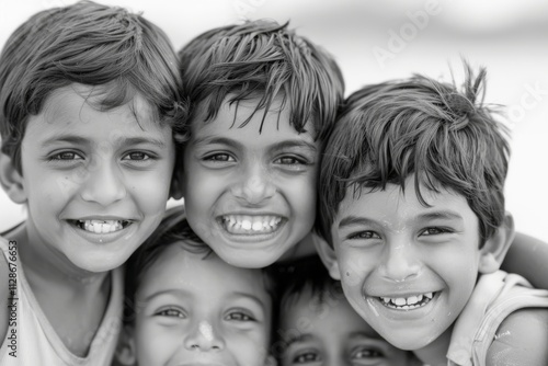 Group of happy children smiling and looking at camera in black and white