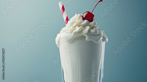 Creamy milkshake topped with whipped cream and a cherry, a classic sweet treat.