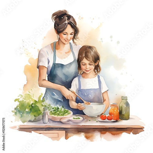 Mother and child preparing a healthy meal together in watercolor