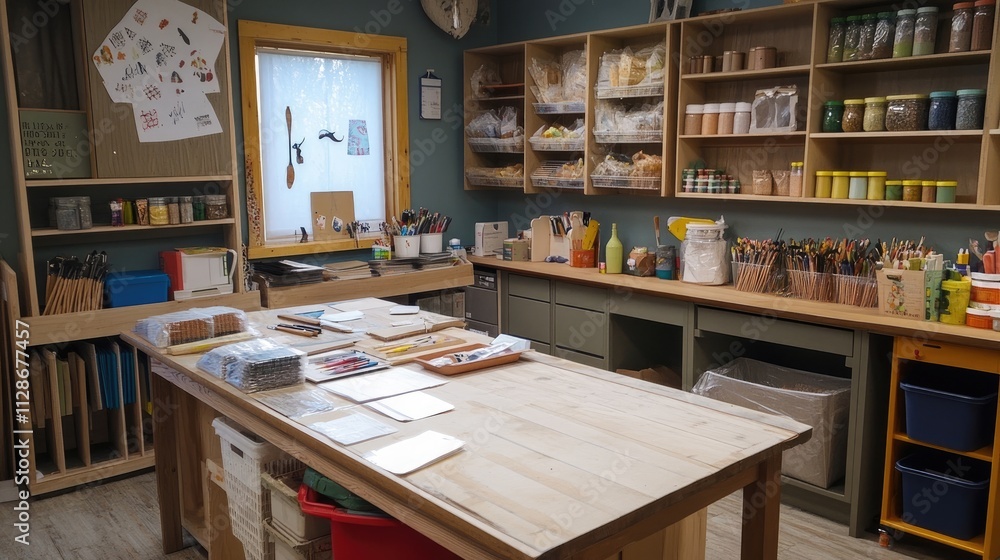 A well-organized art studio is filled with natural light, showcasing an abundance of art supplies neatly arranged on shelves and a large work table. A well-organized art studio is filled with natural light, showcasing an abundance of art supplies neatly arranged on shelves and a large work table.