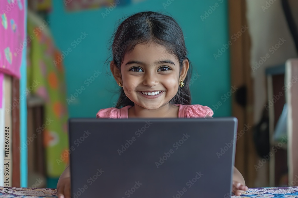 Using a laptop computer from home while grinning, girl. Generative Ai Using a laptop computer from home while grinning, girl. Generative Ai