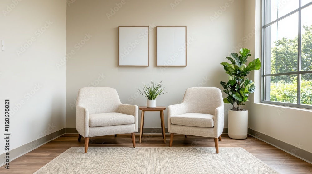 Naklejka premium Modern wellness center interior design with earthy tones promoting healing and relaxation