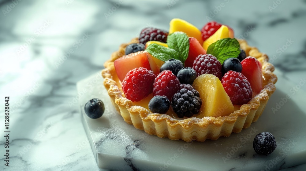A delectable fruit tart, adorned with raspberries, blueberries, and slices of peach and other fruits. The pastry crust is golden brown, and a dusting of powdered sugar adds a touch of elegance. A delectable fruit tart, adorned with raspberries, blueberries, and slices of peach and other fruits. The pastry crust is golden brown, and a dusting of powdered sugar adds a touch of elegance.