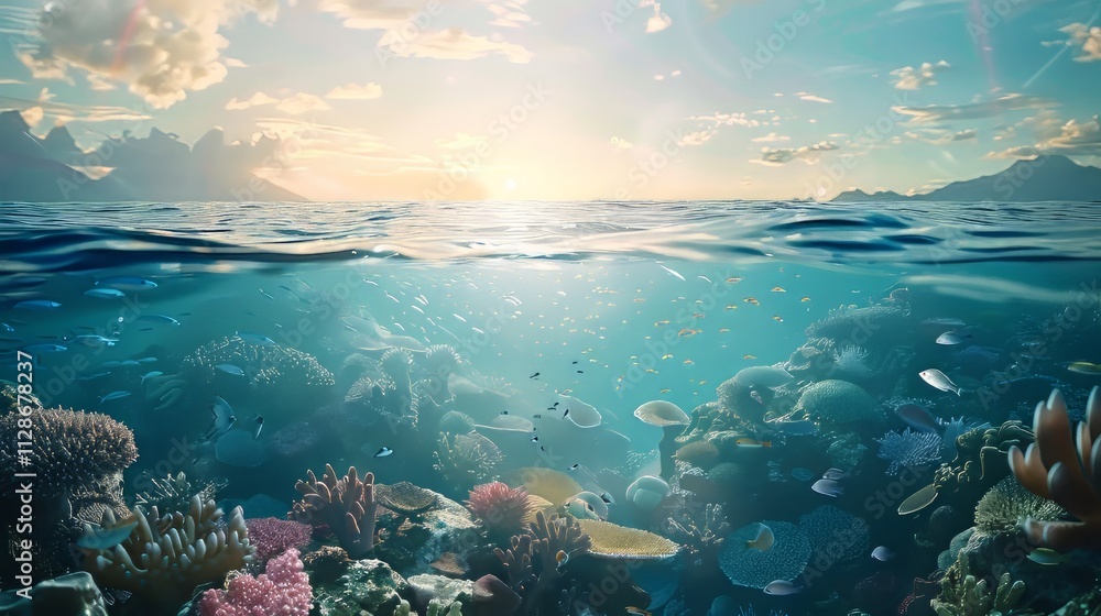 Fototapeta premium A beautiful view of the seabed during the day, with lots of coral and sea animals swimming, depicting a peaceful atmosphere.