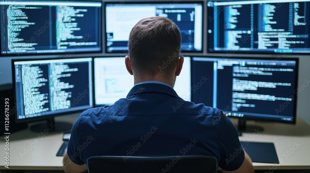 Fototapeta premium Programmer Working on Multiple Monitors, Software Development