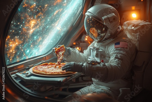 3D render of an astronaut enjoying pizza inside a spaceship with a cosmic view