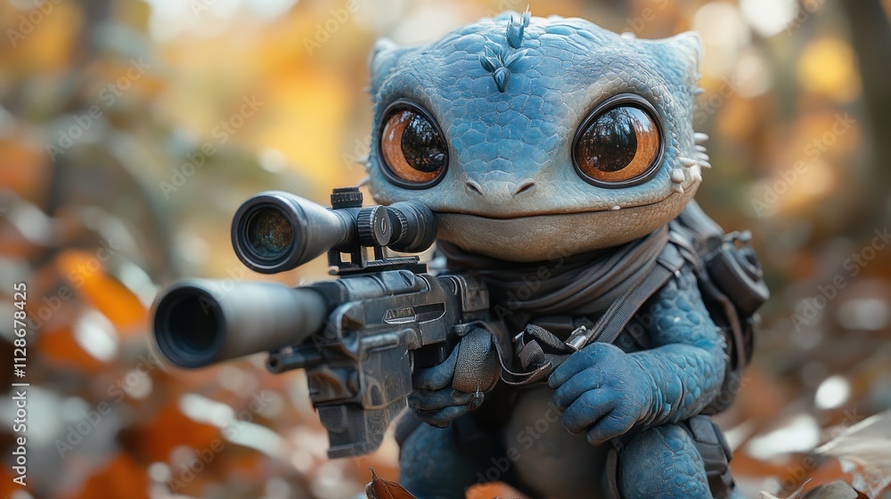 Adorable blue creature, soldier, aiming sniper rifle in autumn forest. Adorable blue creature, soldier, aiming sniper rifle in autumn forest.