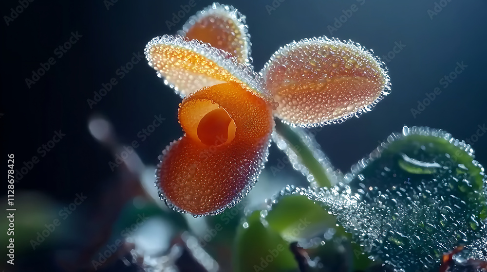 close up photograph of monkey face orchid with dew drops glistening. vibrant orange petals contrast beautifully with green leaves close up photograph of monkey face orchid with dew drops glistening. vibrant orange petals contrast beautifully with green leaves