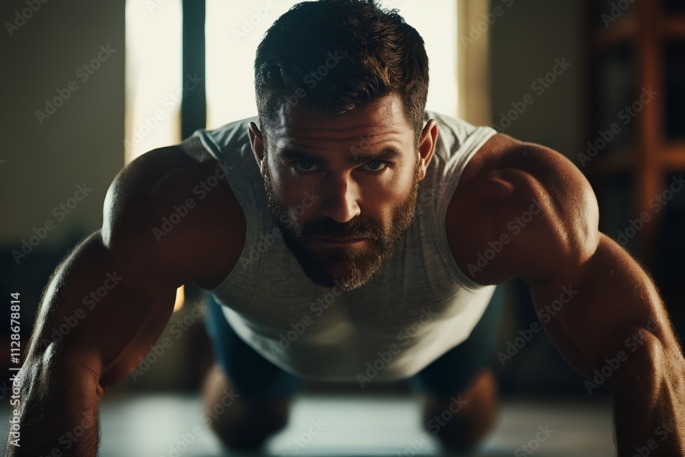 Muscular Man Performing Push-Up Exercise in Gym - Fitness, Strength Training, Workout Motivation, Health, and Wellness Muscular Man Performing Push-Up Exercise in Gym - Fitness, Strength Training, Workout Motivation, Health, and Wellness