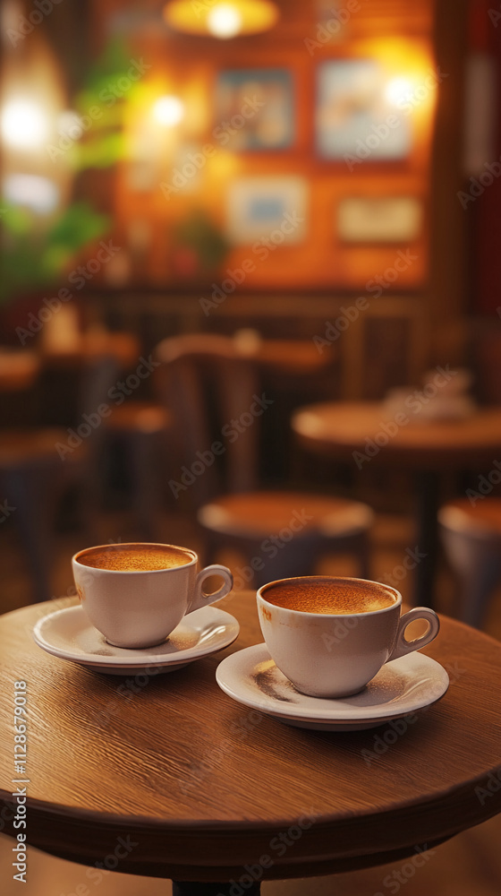 Warm coffee cups resting on a wooden table in a cozy cafe during a serene evening Warm coffee cups resting on a wooden table in a cozy cafe during a serene evening