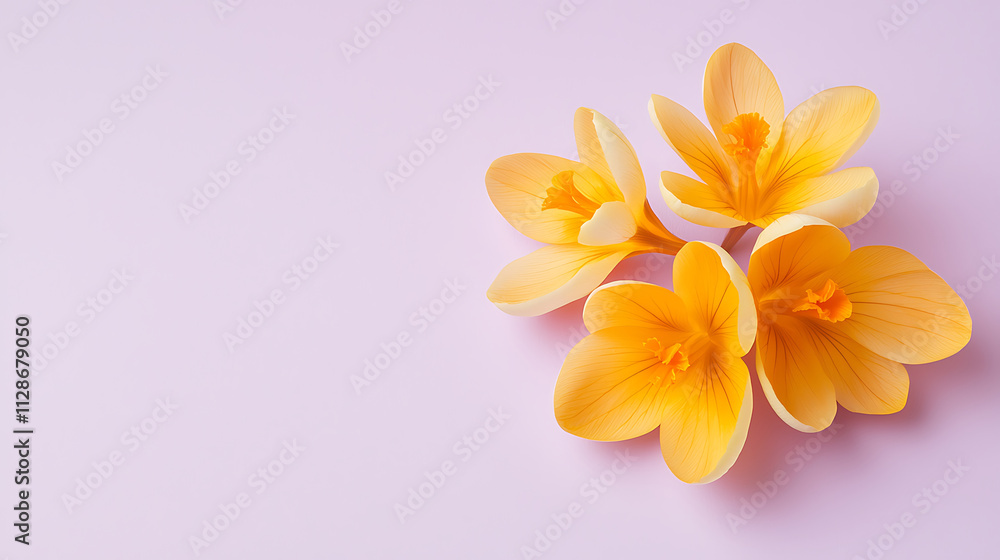 Fototapeta premium Bright yellow flowers arranged beautifully on soft pink background, creating cheerful and vibrant atmosphere