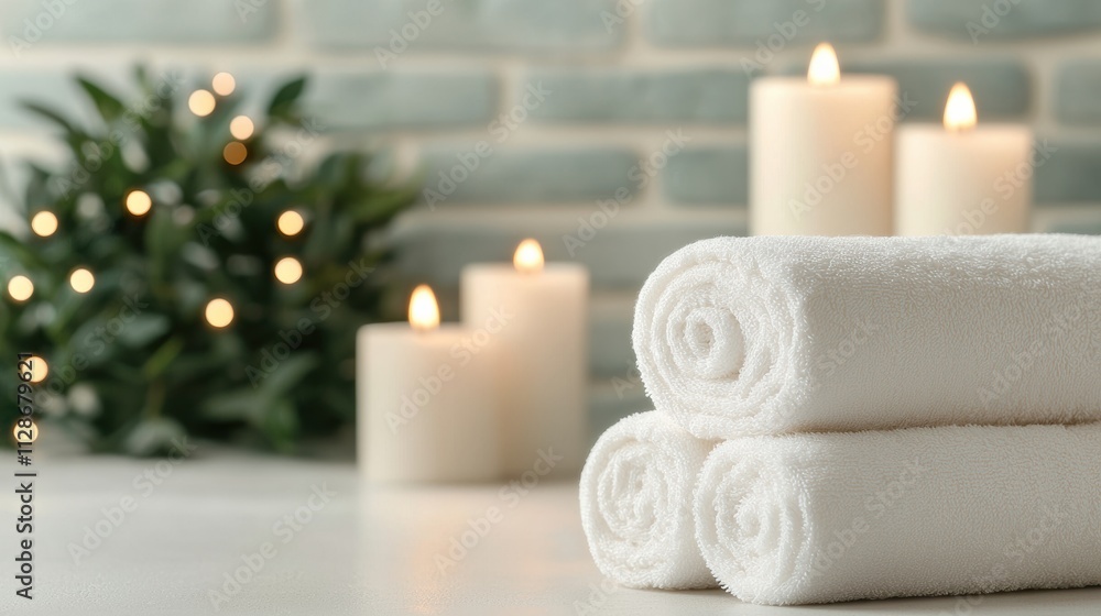 Rolled white towels and lit candles creating relaxing spa ambiance Rolled white towels and lit candles creating relaxing spa ambiance