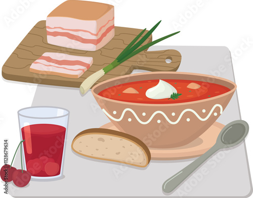 Still life with Ukrainian dishes for lunch. Red borscht with sour cream and bread, salted lard with onions and cherry compote