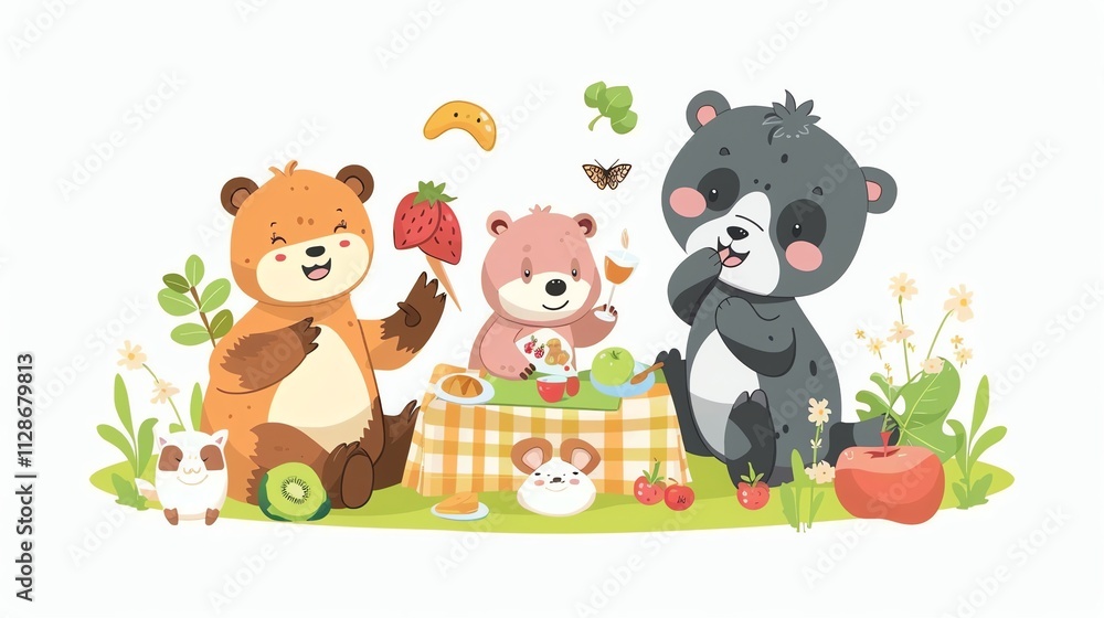 A cartoon illustration of three bears and a mouse enjoying a picnic with a checkered tablecloth and various snacks. A cartoon illustration of three bears and a mouse enjoying a picnic with a checkered tablecloth and various snacks.