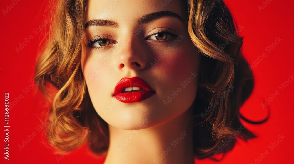 Fototapeta premium Stunning Portrait of a Beautiful Woman with Bold Red Lips on a Bright Red Background