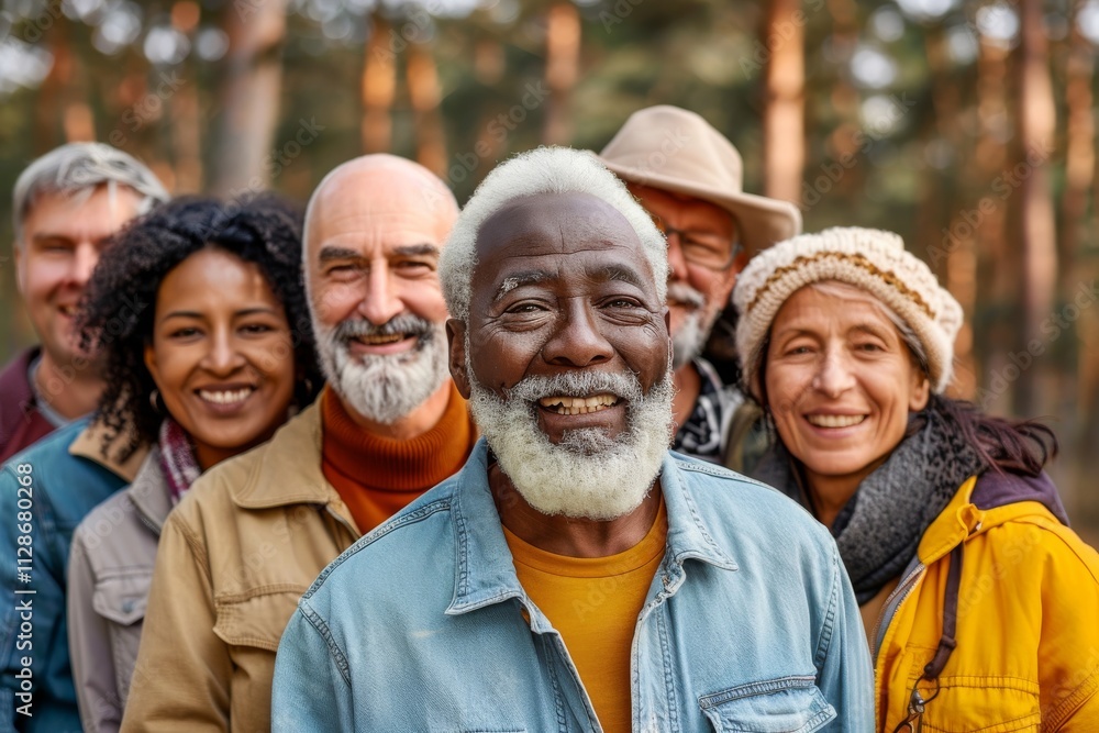 Portrait of a group of senior people standing in the forest. Portrait of a group of senior people standing in the forest.