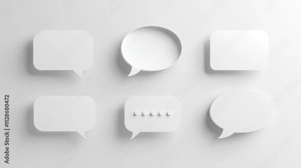 Set of speech bubbles with clean white designs, featuring sharp edges and subtle drop shadows, placed on a light gray background Set of speech bubbles with clean white designs, featuring sharp edges and subtle drop shadows, placed on a light gray background
